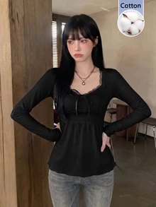 Sweetina 女款長袖收腰蝴蝶結裝飾蕾絲拼接純色休閒T恤 - 黑色 - 查看 5