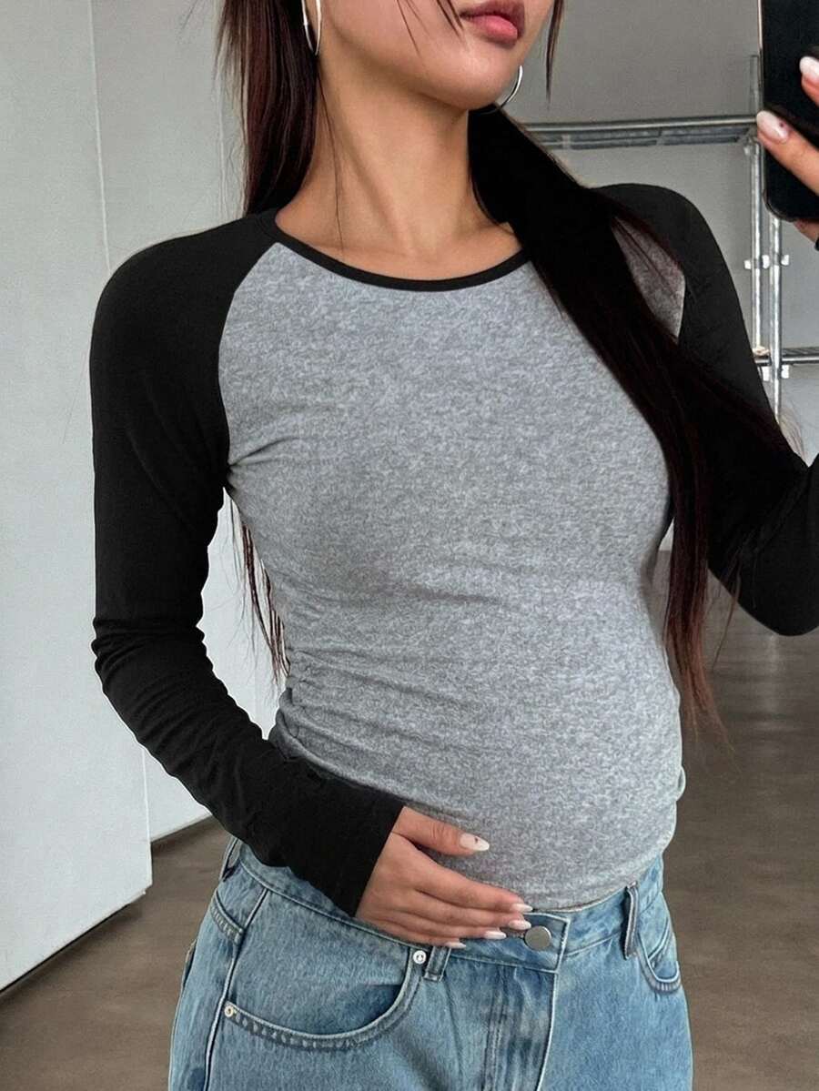 DAZY Patchwork Contrast Color Slim Fit Elastic Round Neck Casual Daily Vacation Korean Style Spring Autumn Maternity T-Shirt - Grey - View 1