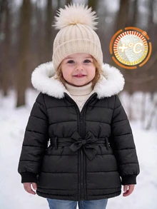 SHEIN طقم معطف مبطن حراري أسود لطيف للبنات الصغيرات في الخريف/الشتاء - الأسود - مشاهدة 3