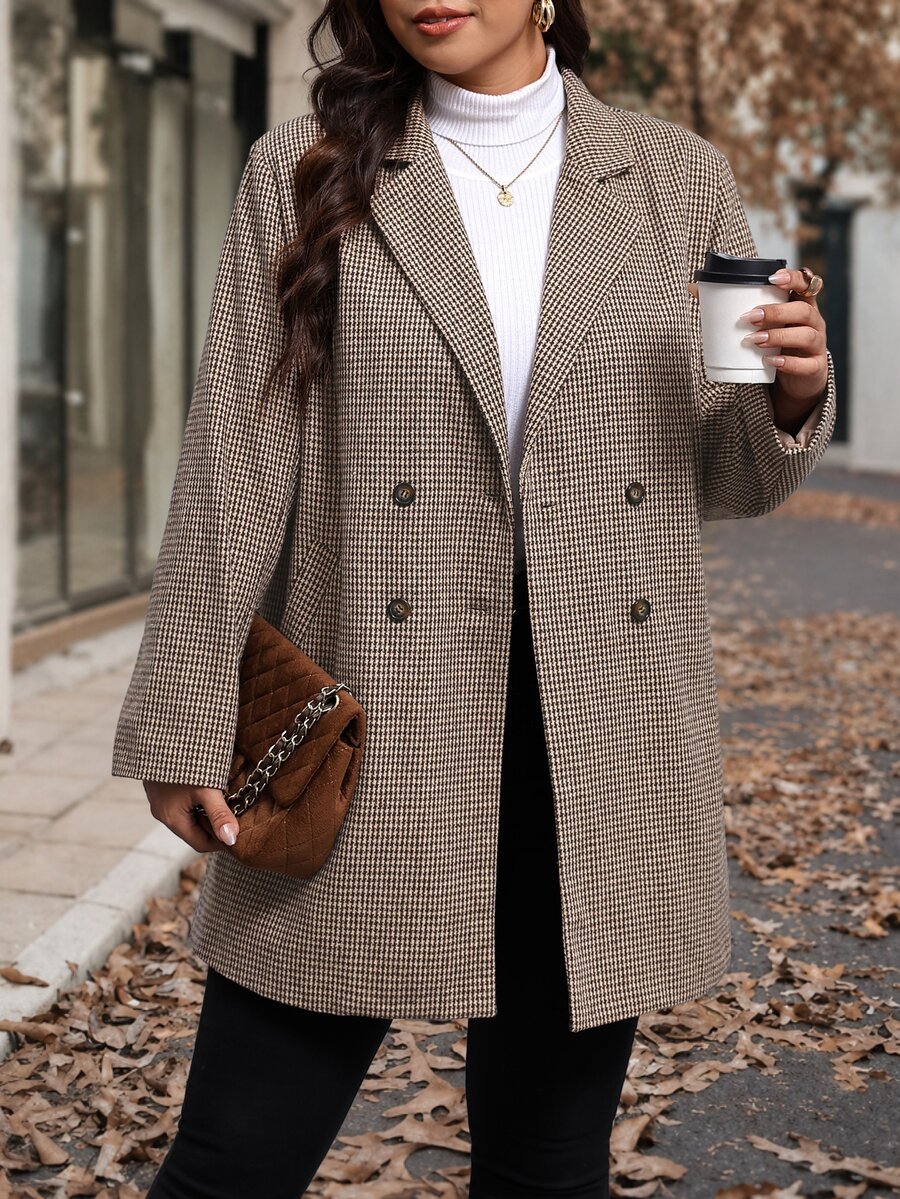 Chikora Plus Size Women's Houndstooth Lapel Neck Long Sleeve Double-Breasted Blazer - Brown - View 1