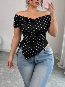 Elenzga Plus Size Women's Polka Dot Off-Shoulder Casual Daily T-Shirt - Black and White - View 7