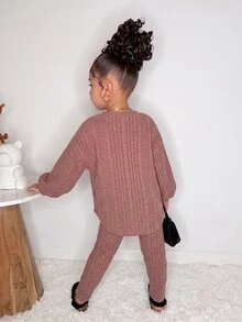 Young Girl Solid Color Letter Print Long Sleeve T-Shirt And Pants Set - Pink - View 2