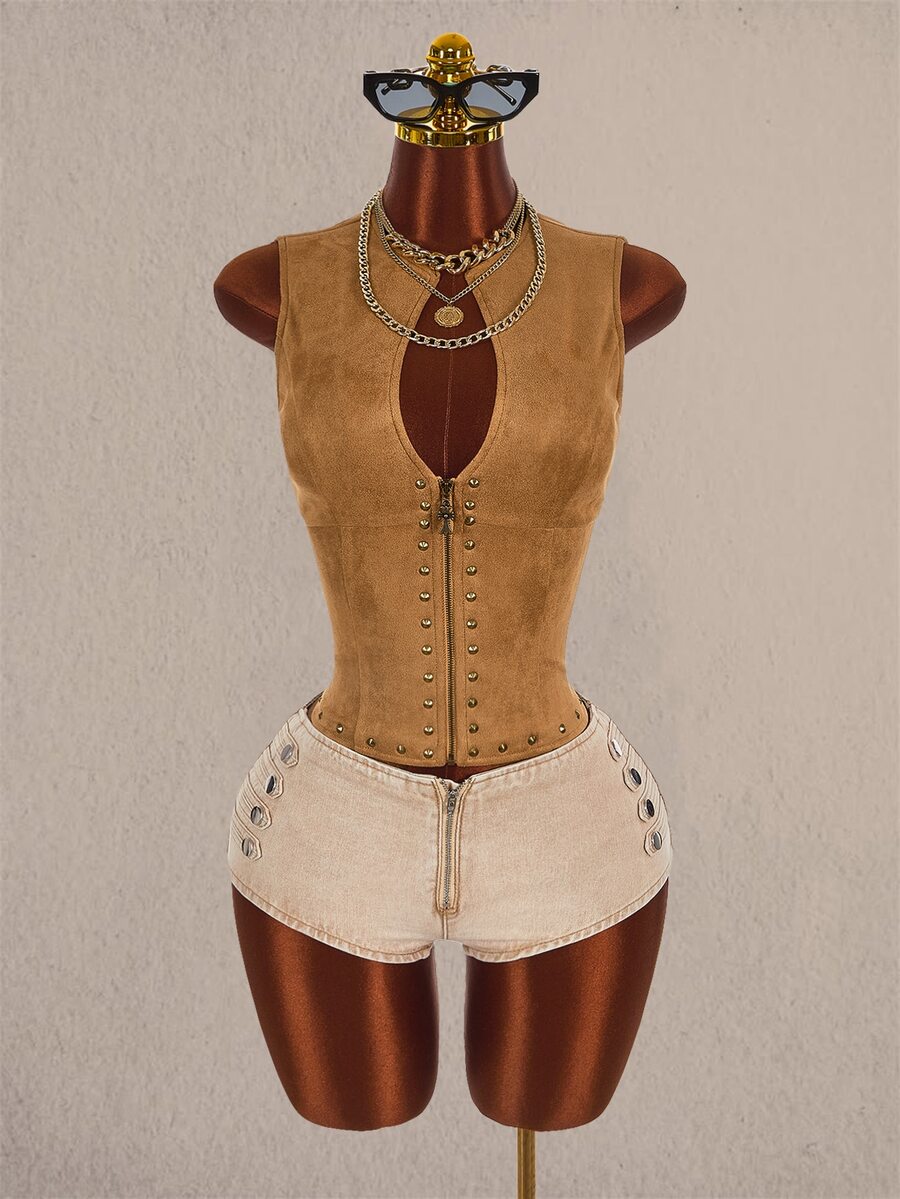 Amplova Women's Studded Suede Sleeveless Jacket - Khaki - View 1
