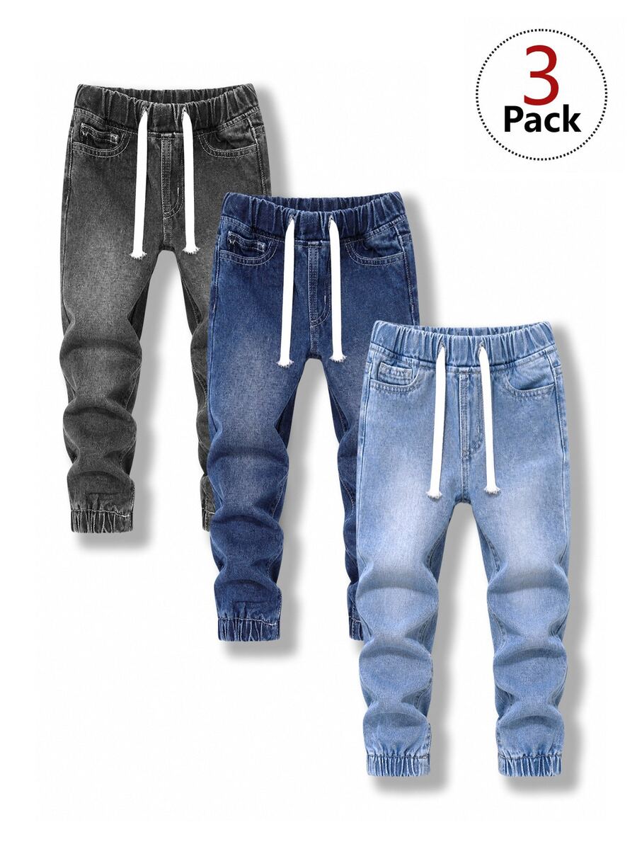 3pcs/Set Tween Boys Black Grey, Dark Blue, Light Blue Multi-Color Casual Sports Pants, Comfortable Elastic Waist Denim Fabric Pants With Drawstring Design, Suitable For School Daily Wear - Multicolor - View 1