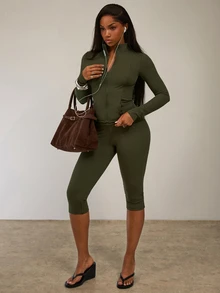 Eshe Glo Women Olive Green Sports Set/Fitness Set/Olive Green Set/Capri Pants Set/Zipper Set/Autumn Winter Set/Casual Set/Outdoor Set/2 Pieces Sets Woman/Tracksuit Set Women/Green Set - Army Green - View 6