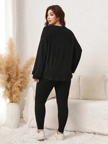 Comfylo Plus Size Women's Knight Graphic Long Sleeve Top And Pants Casual Daily Outfit Set - Black - View 2
