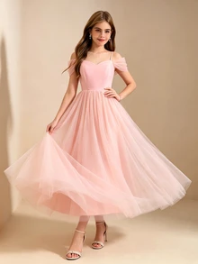 Four Seasons 畢業季婚禮花童優雅舞會禮服，學院風女童洋裝，粉色薄紗裙襬搭配亮面緞面細肩帶上衣，大女孩晚宴派對洋裝，女童開學時尚蓬蓬裙，假日公主裙 - 粉色 - 查看 4