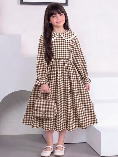 Tween Girl Tween Girl Tween Girls Long Sleeve Plaid Cinched Waist Bow Exaggerated Collar Long Dress Autumn/Winter