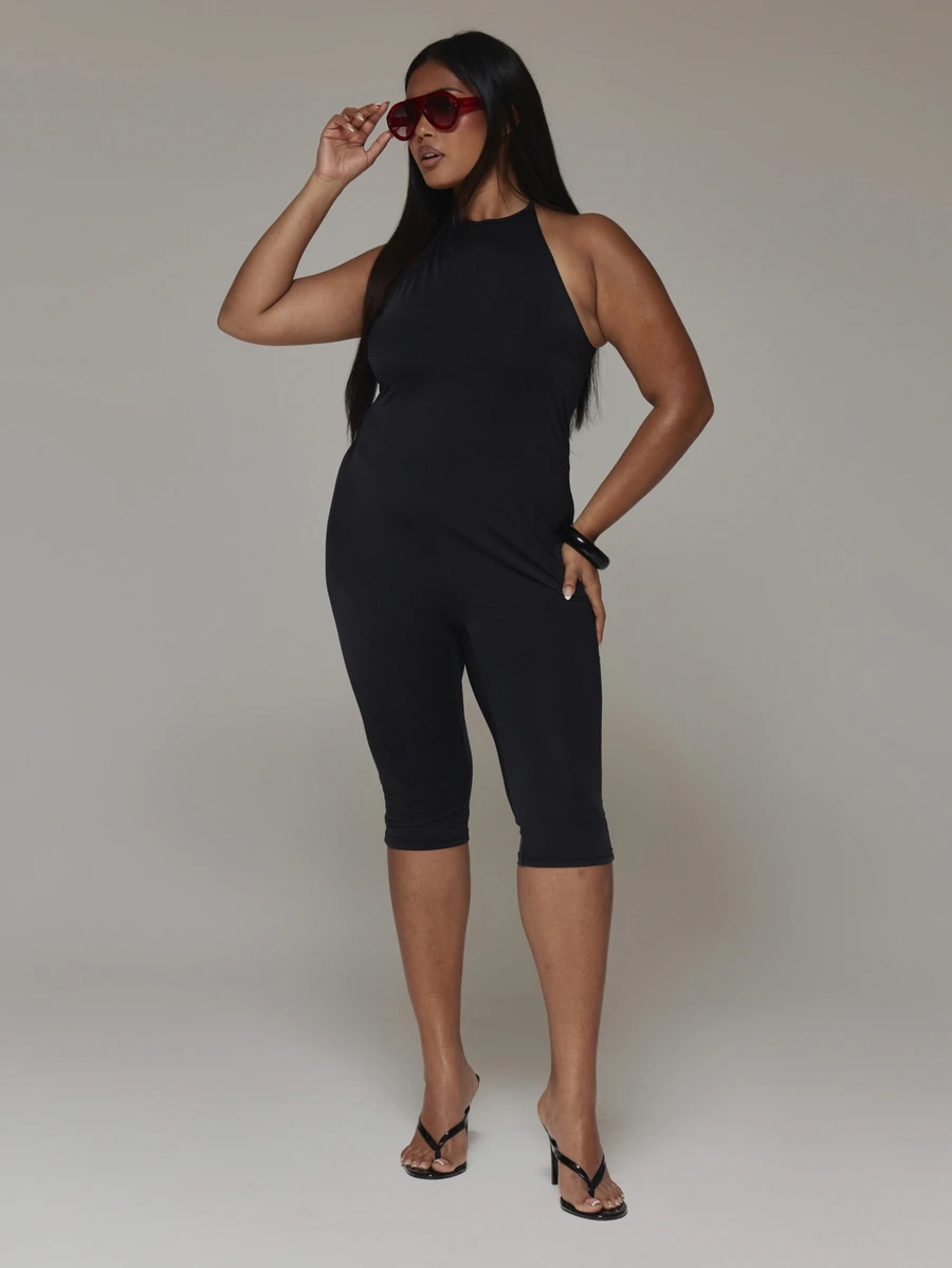 MUSERA Plus Size Black Highneck Bodycon Capri Unitard Jumpsuit Spring Summer Casual Everyday Day Outfit Going Out - Black - View 1