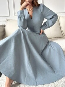 Feyla Women's Elegant Button Pleated Waist Dress Wedding Brunch Navy Blue Autumn - Blue - View 5