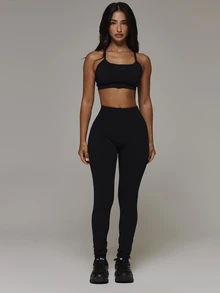 Musera Sport 3 Pieces Logo Printed Seamless Active Multipack With Sports Bra Dipped Back Mini Shorts And Active Legging Sport Essentials Basics Autumn Fall Winter - Black - View 3