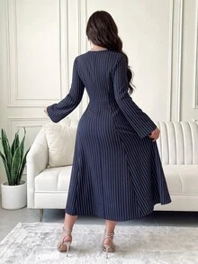 Feyla Women's Contrast Lace V-Neck Striped Long Sleeve Elegant Mid-Length Dress - Navy Blue - View 3