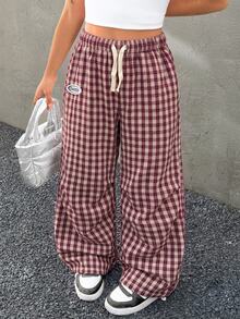 Summer For Tween Girls Kids Streetwear Basic Plaid Wide Leg Pants City Break Red And White Checkered Casual Streetwear Pants - Burgundy - View 3