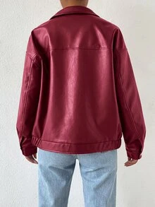 SHEIN EZwear 秋冬款落肩拉鍊PU短版皮夾克外套 - 玫瑰紅 - 查看 2