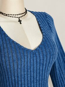 SHEIN ICON 女款秋冬復古極簡V領喇叭袖毛絨羅紋黑色緊身洋裝 - 寶藍色 - 查看 8