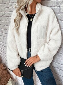 SHEIN LUNE 秋季落肩拉鍊泰迪夾克，休閒極簡日常旅行米白色 - 白色 - 查看 4