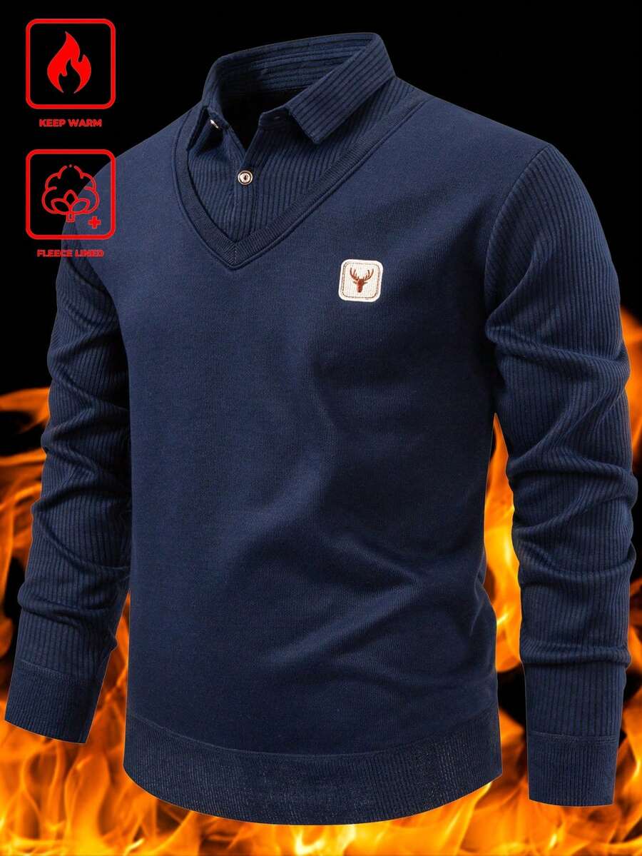 Manfinity Homme Men's Patchwork Knit Sweater Pullover With Thermal Lining - Navy Blue - View 1