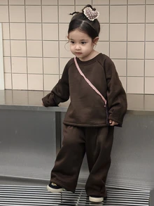 DAZY Infant (Girl) Round Neck Casual Loose Long Sleeve Sweatshirt 2 Pieces Set - Coffee Brown - View 5