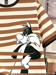 LOONEY TUNES X SHEIN Daypath 男士趣味條紋印花T恤 - 棕色 - 查看 2