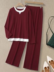 Rusticease Women's 2 In 1 Patchwork Long Sleeve Top And Pants Casual Daily Two Pieces Set - Burgundy - View 3