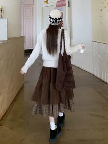 DAZY Women's Waist Tie Patchwork Plaid Ruffle Hem Vintage Skirt - Coffee Brown - View 7