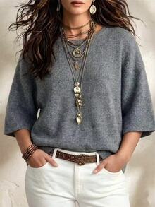 SHEIN Plus Size Grey Loose Drop Shoulder 3/4 Sleeve Casual Commute Artistic Style Relaxed Fit Crew Neck Top - Grey - View 3