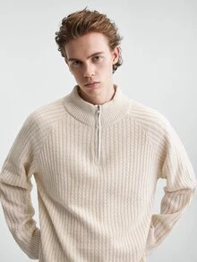 RONVEXI Men's Plus Size Textured Casual Zip Half Placket Long Sleeve Sweater - Beige - View 6