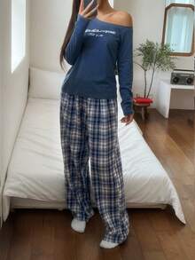 DAZY Women's Letter Print Asymmetric Shoulder Long Sleeve Top And Plaid Pants Pajama Set - Blue - View 5