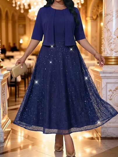 Fleurora Plus Size Vacation Sequin Pleated Dress And Jacket 2 Pieces Set