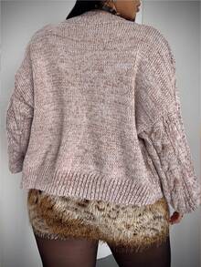 Whyspr Plus Size Women's Dropped Shoulder Long Sleeve Single-Breasted Knit Cardigan - Brown - View 2