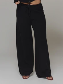 MUSERA Plus Size Black Knitted Straight Leg Joggers Spring Summer Casual Everyday Day Outfit Going Out - Black - View 2