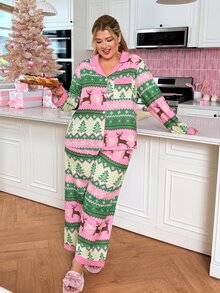 Slumberry CURVE Christmas Cute Reindeer Christmas Tree Snowflake Island Print Open Front Long Sleeve Plus Size Pajama Set - Multicolor - View 4