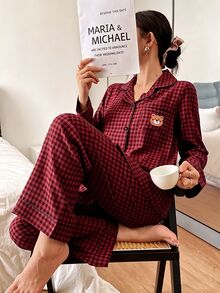 Dream Adore Plaid Print Bear Head Embroidered Patch Pocket Front Button Long Sleeve Long Pants Women's Pajama Set - Red - View 5
