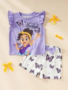 Blippi X SHEIN Set Kasual Sehari-hari untuk Anak Perempuan: Kaos Lengan Bergelombang Motif Kartun dan Celana Pendek - Mauve Purple - View 1