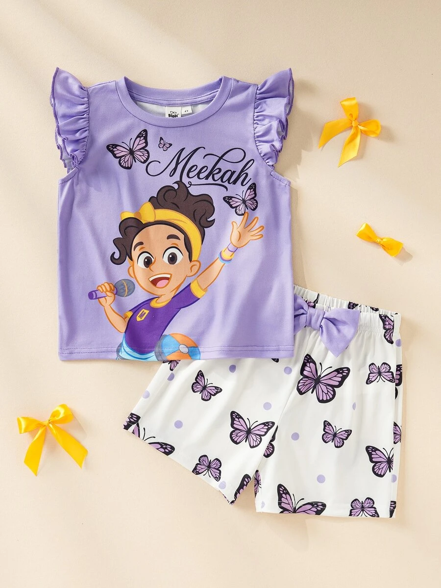 Blippi X SHEIN Set Kasual Sehari-hari untuk Anak Perempuan: Kaos Lengan Bergelombang Motif Kartun dan Celana Pendek - Mauve Purple - View 1