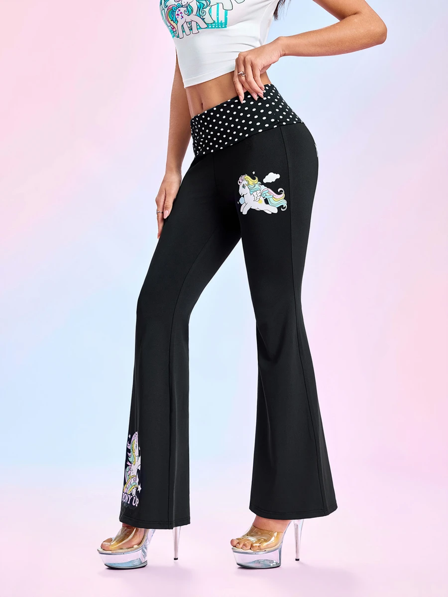 My Little Pony X SHEIN Women's Waist Patchwork Polka Dot Print Flare Leggings - Black - View 1