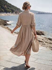 EMERY ROSE Women's Striped Rolled Cuff Button Half Placket Mid-Length Shirt Dress - Brown - View 2