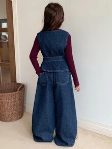 Dazy Kids Tween Girl) Round Neck Casual Denim Shirt Top + Straight Leg Pants Two Pieces Denim Set - Dark Wash - View 6