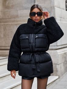 SHEIN جاكيت منفوخ محشو بالريش للنساء بتصميم دب تيدي مع ياقة واقفة وملمس بارز متناسق - الأسود - مشاهدة 7