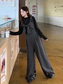 DAZY Women's High Waist Spaghetti Strap Bowknot Decor Jumpsuit - Grey - View 5