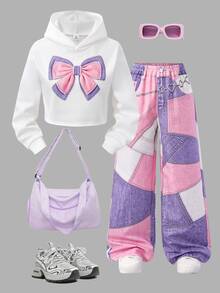 SHEIN Sparklyn 女童大童休閒百搭日常趣味塗鴉圖案連帽短版衛衣＋牛仔風塗鴉寬鬆長褲套裝 - 彩色 - 查看 5