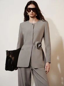 Aveloria Modichic European And American Style Autumn/Winter New Fashion Versatile Solid Color Diagonal Stripe Round Neck 3D Floral Decor Blazer And Pants Suit Set For Women - Khaki - View 6