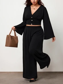 Truni Plus-Size Women's Elegant V-Neck Fitted Top And Trousers SetPear Body,Triangle Body - Black - View 6