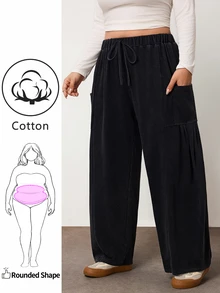 Enliva Plus-Size Loose-Fitting Drawstring Casual Trousers (Autumn Style)Apple,Rounded Body - Grey - View 3