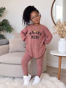 Young Girl Solid Color Letter Print Long Sleeve T-Shirt And Pants Set - Pink - View 5