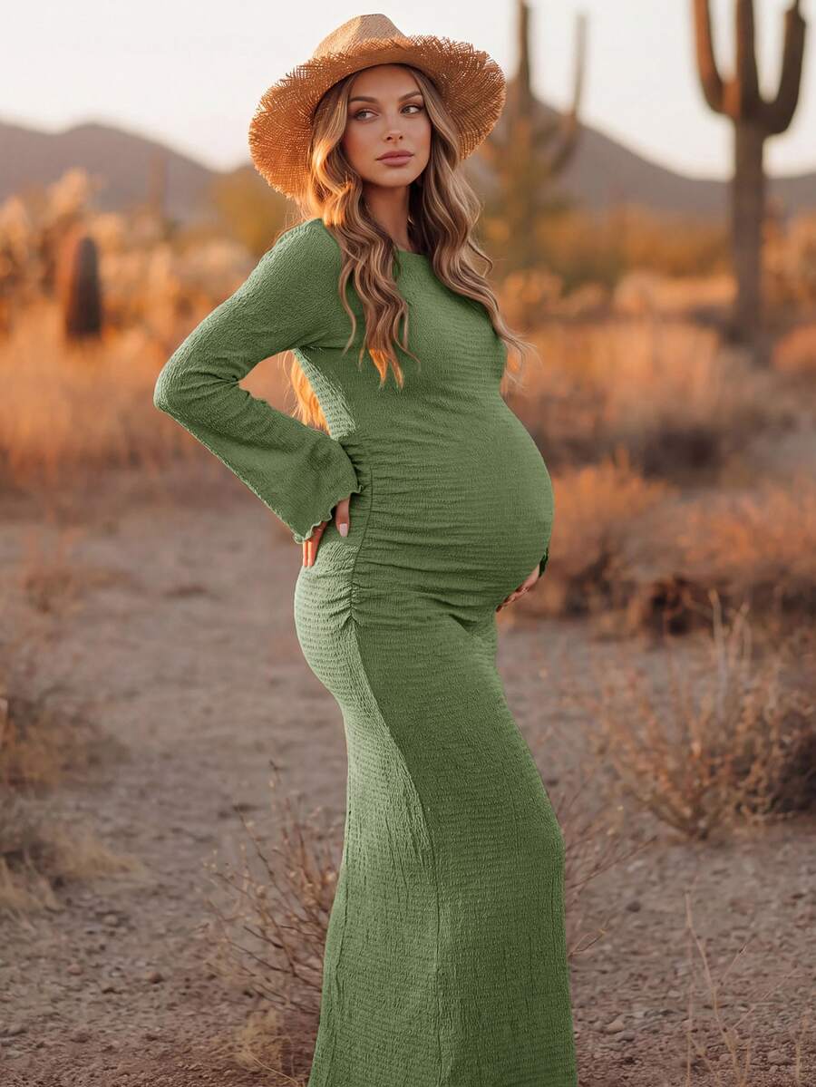 Boho Mama 圓領長袖素色百褶孕婦洋裝 秋季 - 淺藍色 - 查看 1