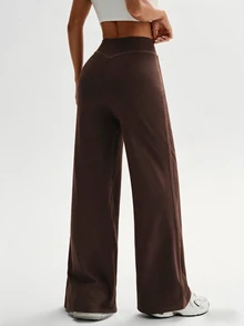 Eassivo 1pc Women's Seamless Ribbed Solid Color Side Stripe Street Casual Yoga Studio Training Long Straight Leg Leggings - Coffee Brown - View 2