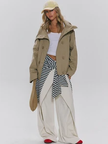MUSERA High Funnel Neck Double Button Front Oversized Cropped Trench Style Jacket Fall Autumn Winter Daily Everyday Outerwear - Khaki - View 2