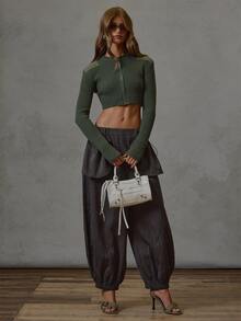 MUSERA Áo len croptop gân màu xanh lá có chi tiết miếng đắp vai, phong cách thường ngày casual cho mùa thu đông, đi học - màu xanh lá - Xem 3