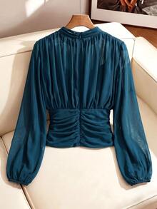 SHEIN Clasi 女款純色立領百褶網紗長袖優雅襯衫 - 水鴨藍 - 查看 2